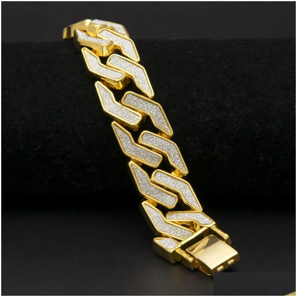 Men Sand Blast Bracelet Cuban Chain Link Alloy Iced Out Hip Hop Gold Silver Tone Heavy 15mm Mens Bracelet 8inches314w