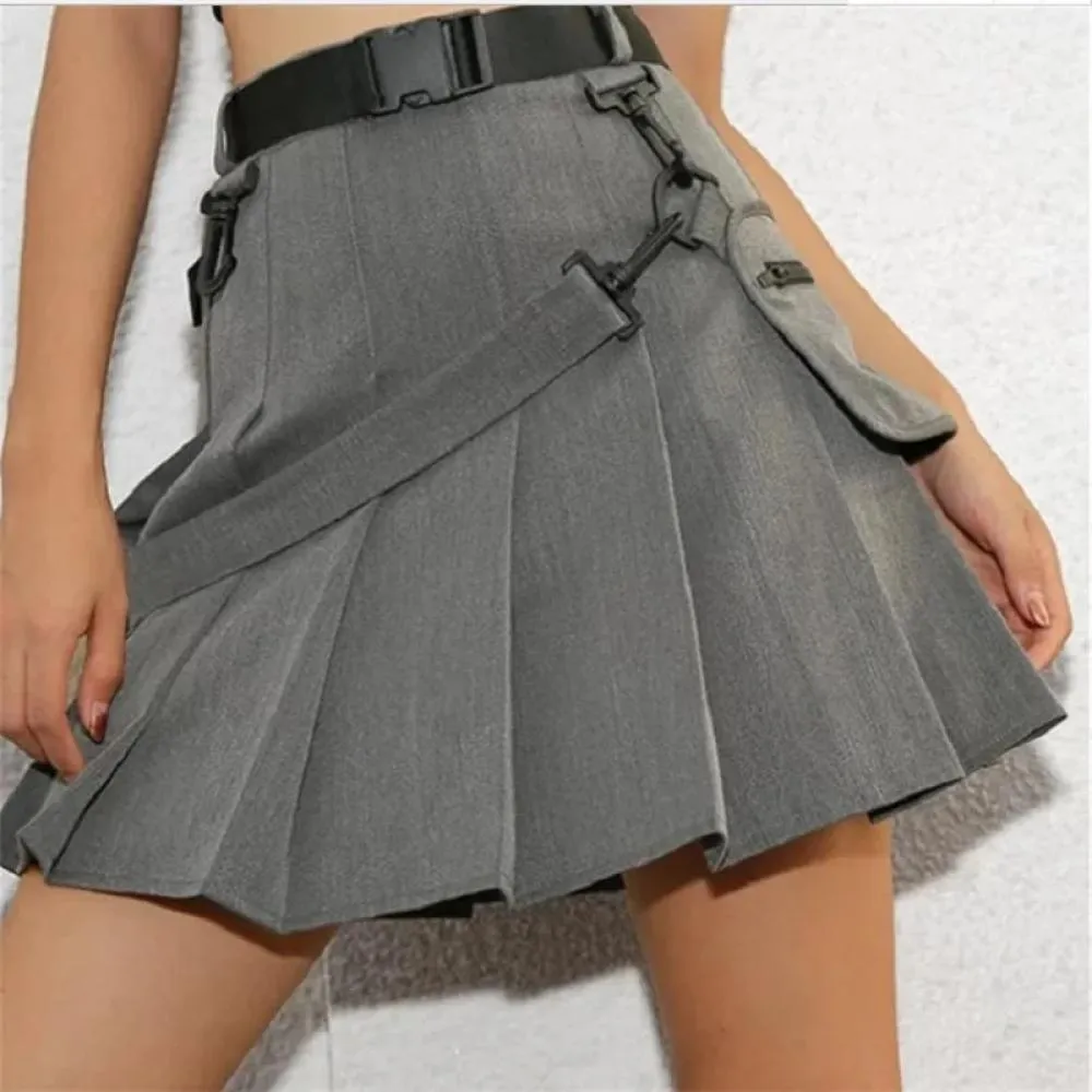 Fashion High Waist Harajuku Women Skirts Short Skirt for Female Punk Streetwear Half-length Pleated Skirt Summer Safari Black