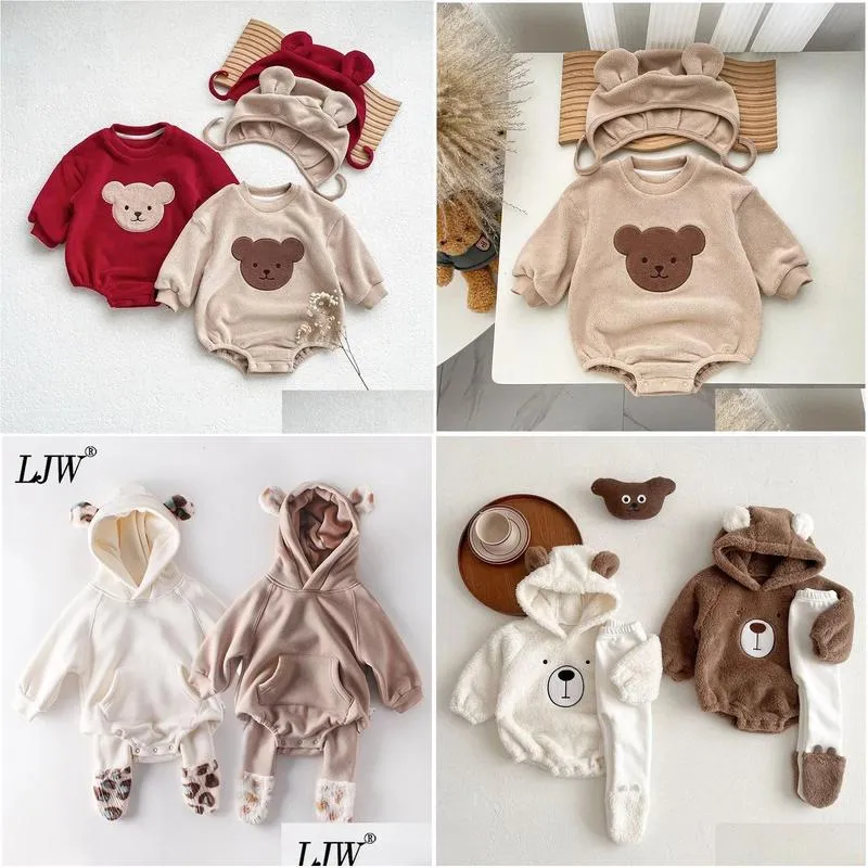 Sets Baby clothes fall/winter boys plush ear sweatshirt romper girls baby born hooded romper jumper fleece pants 231113