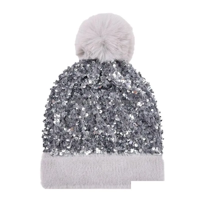 woman street sequin knitted beanie hat ladies fur ball fashion thick winter hats woolen cap thickened warm detachable