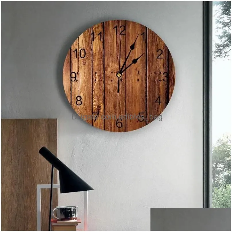 wall clocks brown planks retro wood grain clock for home decoration living room quartz needle hanging watch modern kitchen