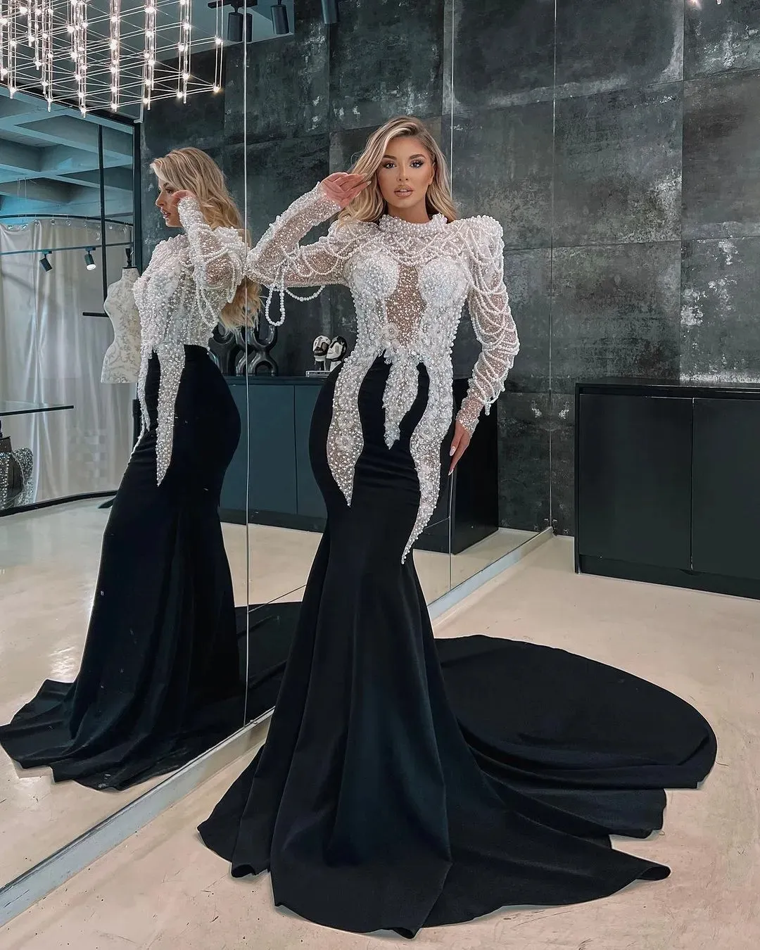 Heavy Pearls Black Satin Mermaid Prom Dresses 2024 For Black Girls Luxury High Neck Long Sleeves Plus Size Formal Evening Occasion Gowns