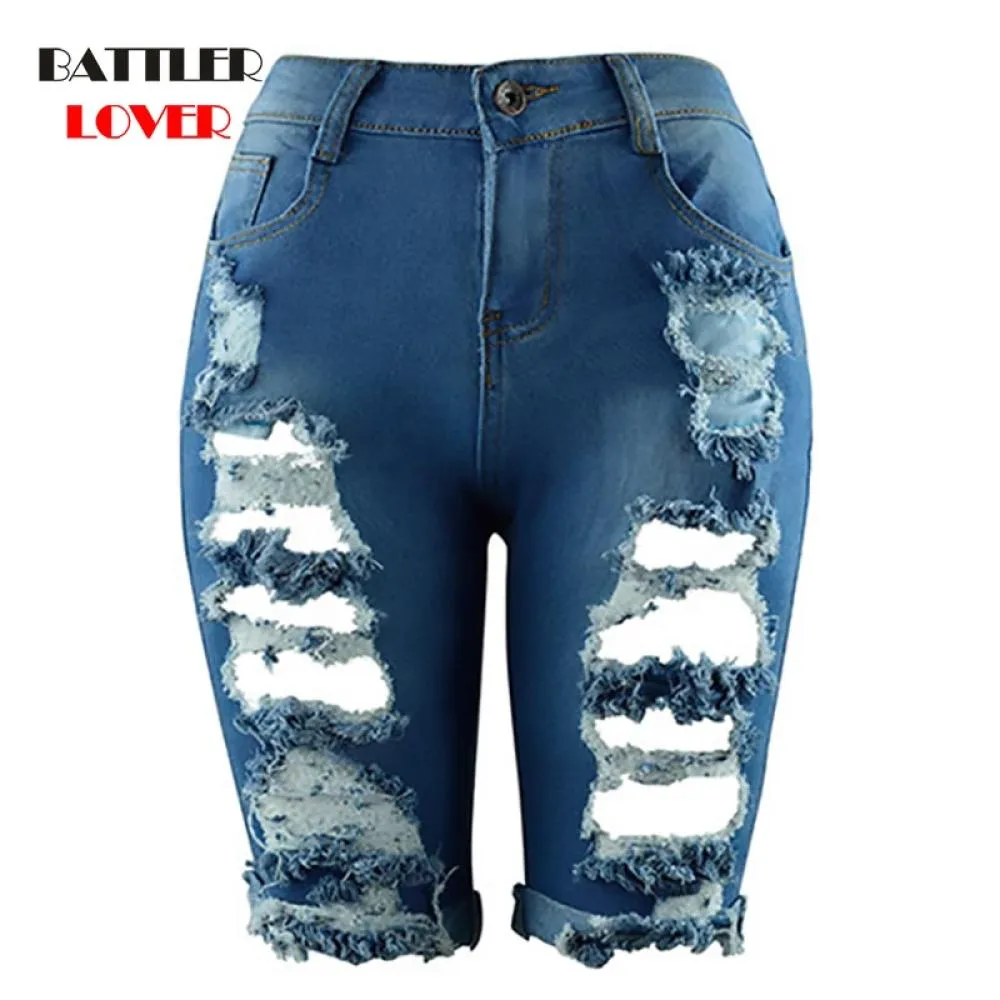 Women Elastic Destroyed Hole Short Jeans Denim Short Ripped Trousers High Street Skinny Pencil Pants