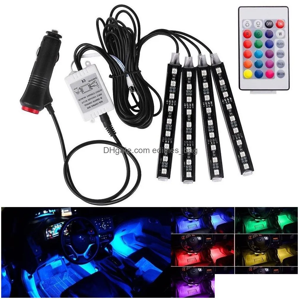4pcs 9leds strip light wireless remotevoice control car rgb led neon interior lamp decorative lights4099934