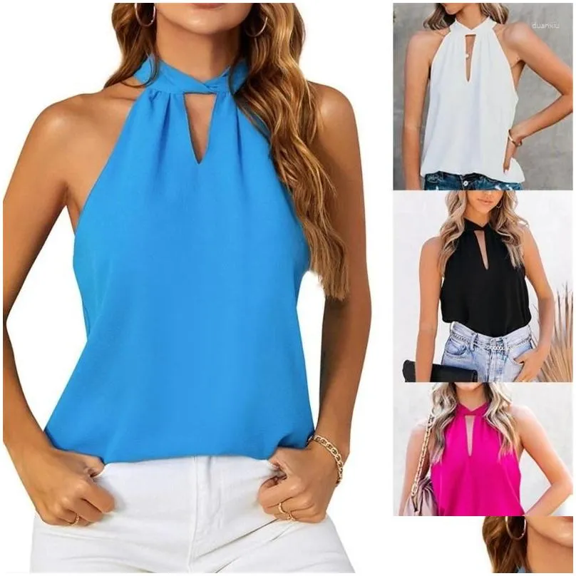 Women`s Tanks Womens Summer Sleeveless Self Tie Neck Halter Top Solid Color Hollow Out Keyhole Casual Loose Blouses Vest