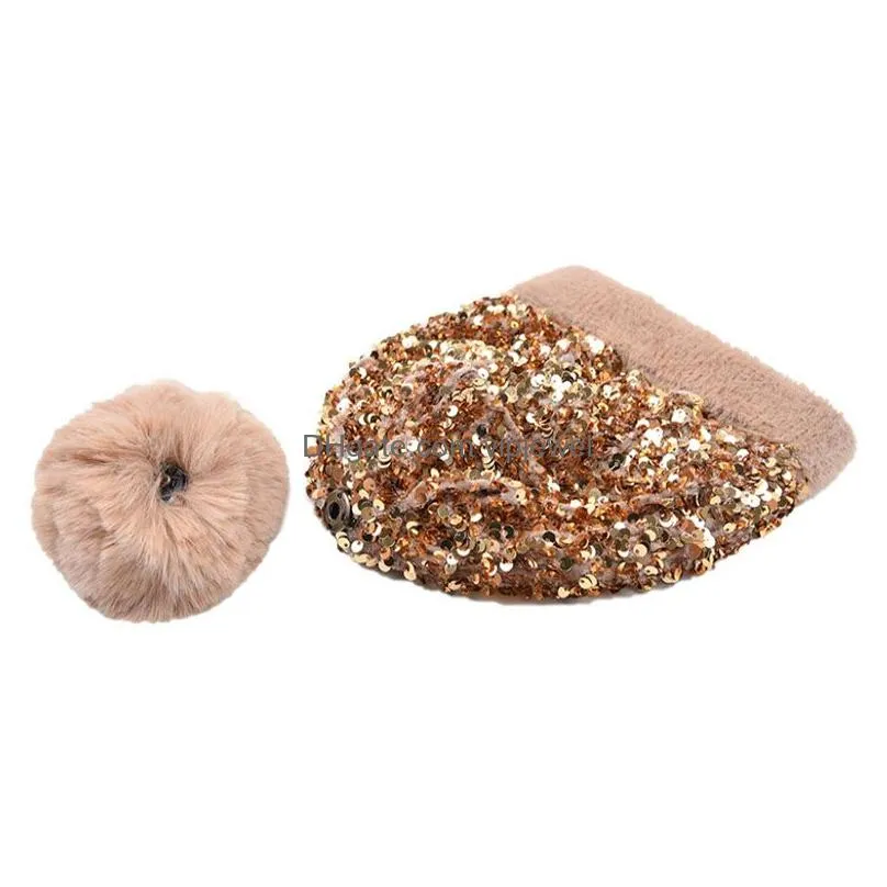 woman street sequin knitted beanie hat ladies fur ball fashion thick winter hats woolen cap thickened warm detachable