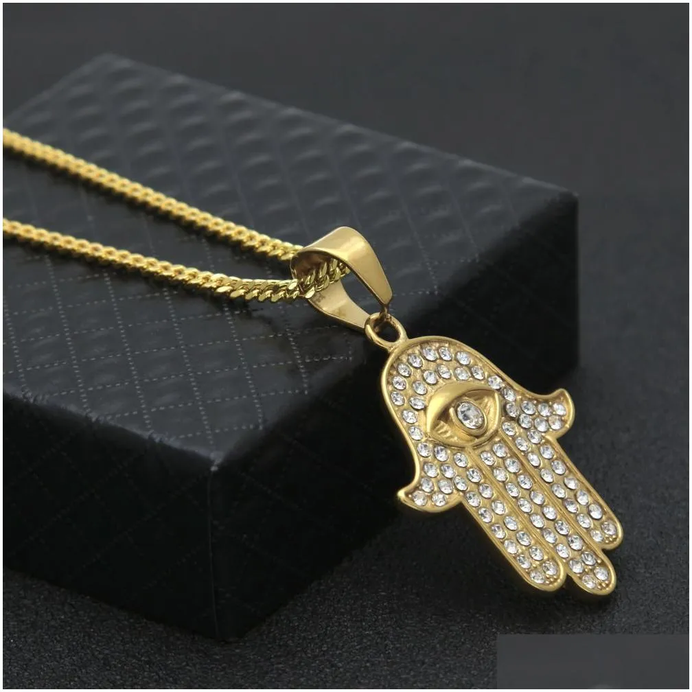 Stainless Steel Gold Color Hamsa Hand Pendant Iced Out Rhinestone Hand of Fatima Jewelry With 3mm 24inch Cuban chain212Z