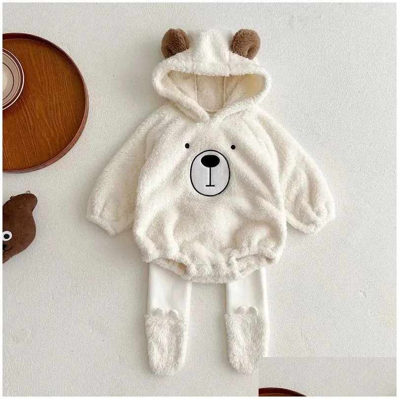 Sets Baby clothes fall/winter boys plush ear sweatshirt romper girls baby born hooded romper jumper fleece pants 231113