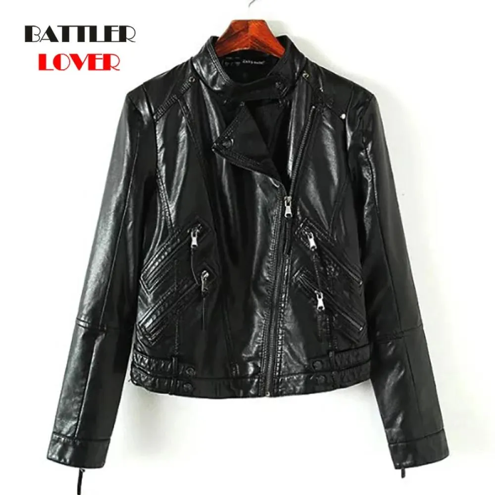 New Women Autumn Winter Black Leather Jackets Lady Zipper Basic Coat Turn-down Collar Motor Biker Jacket with Belt Split Leather