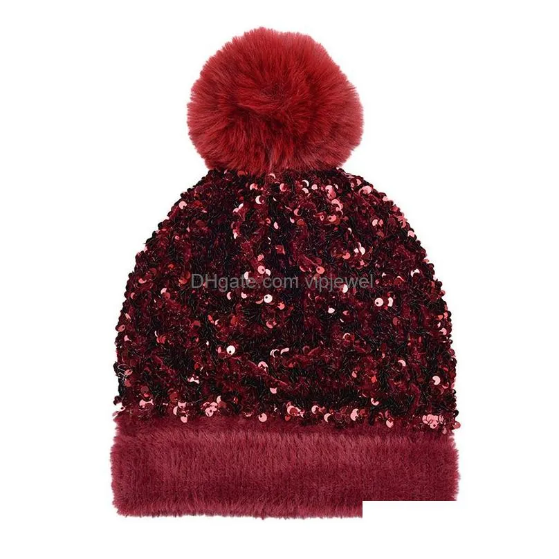 woman street sequin knitted beanie hat ladies fur ball fashion thick winter hats woolen cap thickened warm detachable