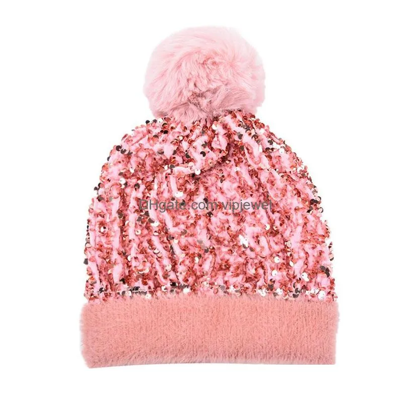 woman street sequin knitted beanie hat ladies fur ball fashion thick winter hats woolen cap thickened warm detachable