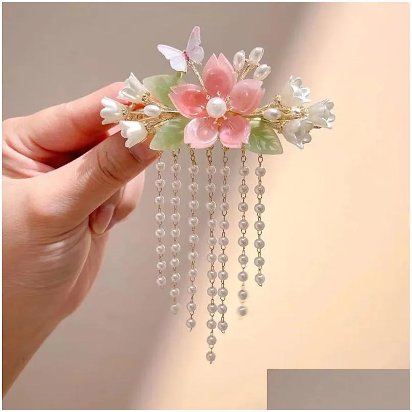 Hair Clips Pink Flower Hairpins Side Butterfly Headpieces White Floral Hairclips Pearl Pendant Jewelry For Women Daily Headwear