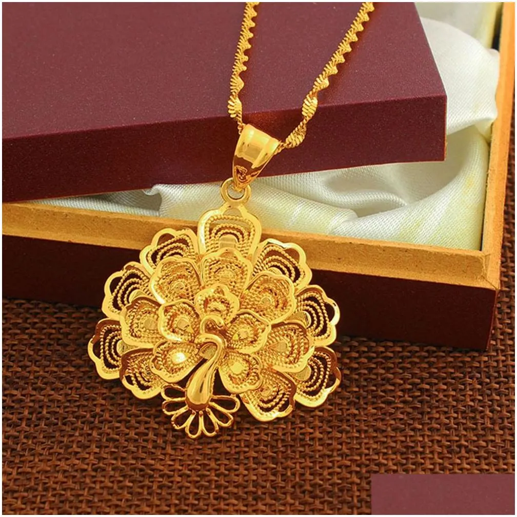 Peacock Pendant Chain Vivid Animal Solid 18k Yellow Gold Filled Womens Jewelry Beautiful Gift Fashion Accessories266d