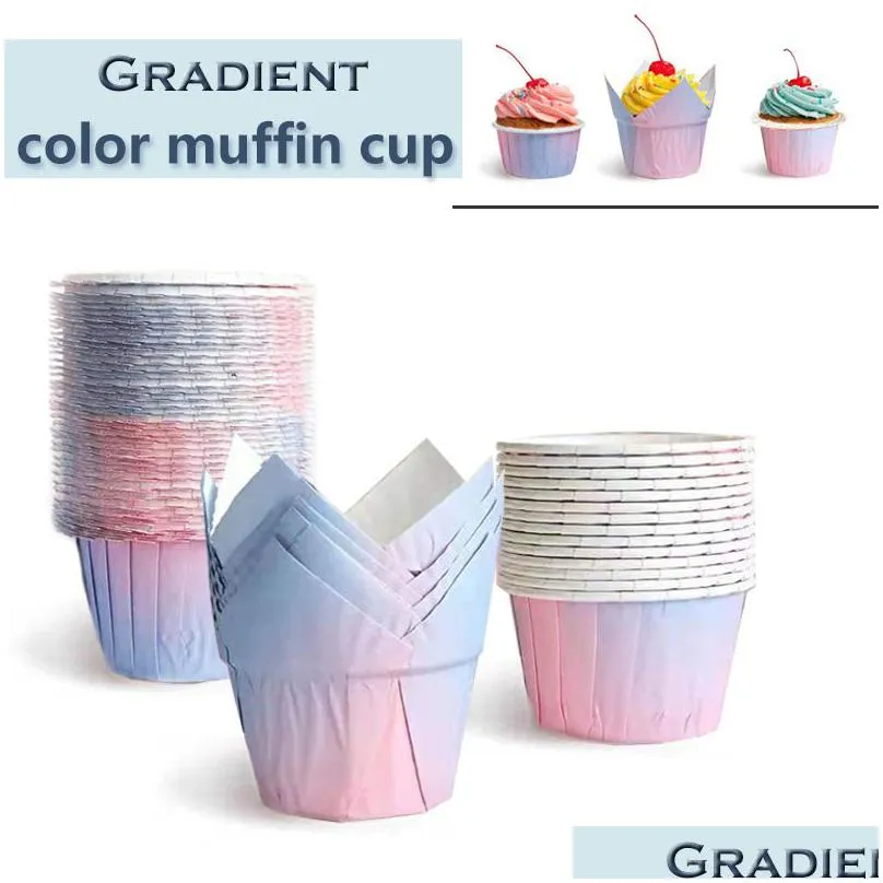 100pcs/lot gradient cupcake liner cake baking cup tray case oilproof paper tulip muffin wrappers dessert holder party wedding christmas