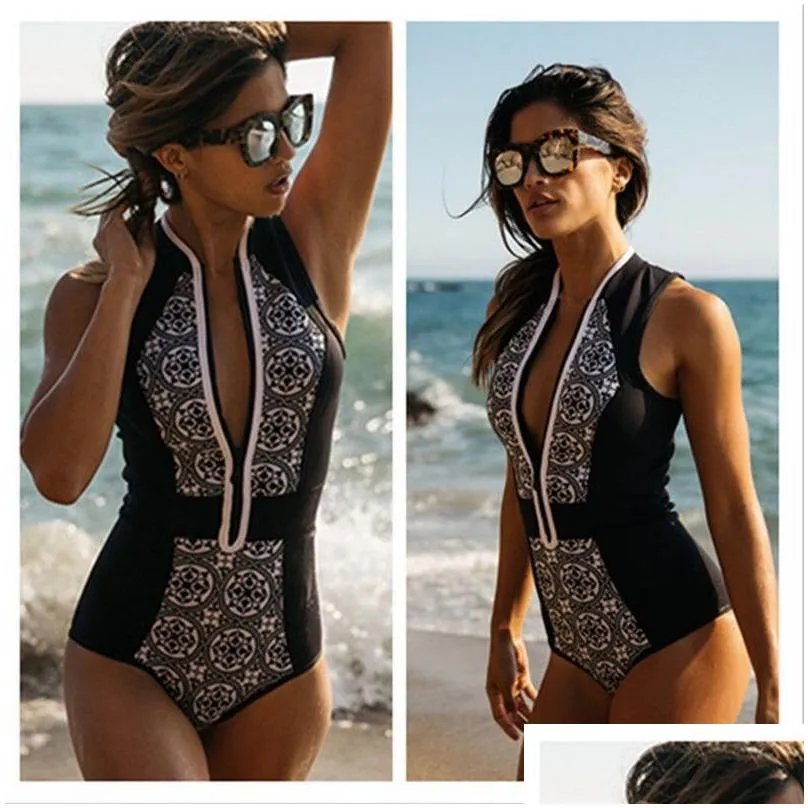 Set Bodysuit 2017 Women Swimwear Zipper Beachwear Retro Black White Printing Swimsuit Floral Bathing Suits One Piece Monokini Bikini S