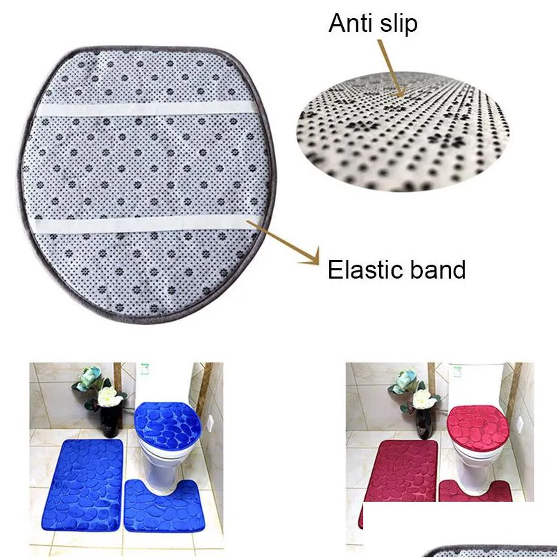 3pcs/set bath mat flannel anti slip absorbent bathroom cobblestone floor mat toilet lid cover u shaped contour foot pad soft rugs carpet machine washable