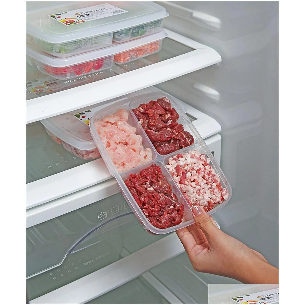 storage bottles 4 grids food preparation box compartment refrigerator zer organizers sub-packed meat onion ginger dishes wholesale