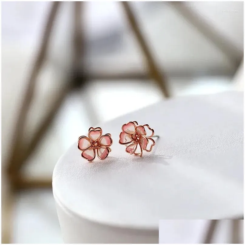 Stud Earrings Drop Oil Enamel Stereo 925 Silver Needle Cherry Blossom Resin