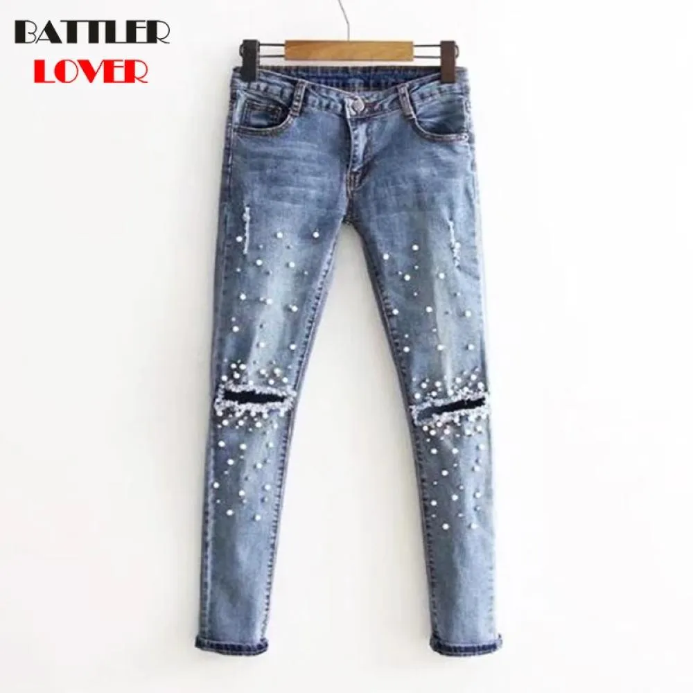 Pearl Design Jeans For Women Jeans Pencil Pants Denim Trousers Female Mujer Femme Casual Jean Ladies Pants 2019 High Quality