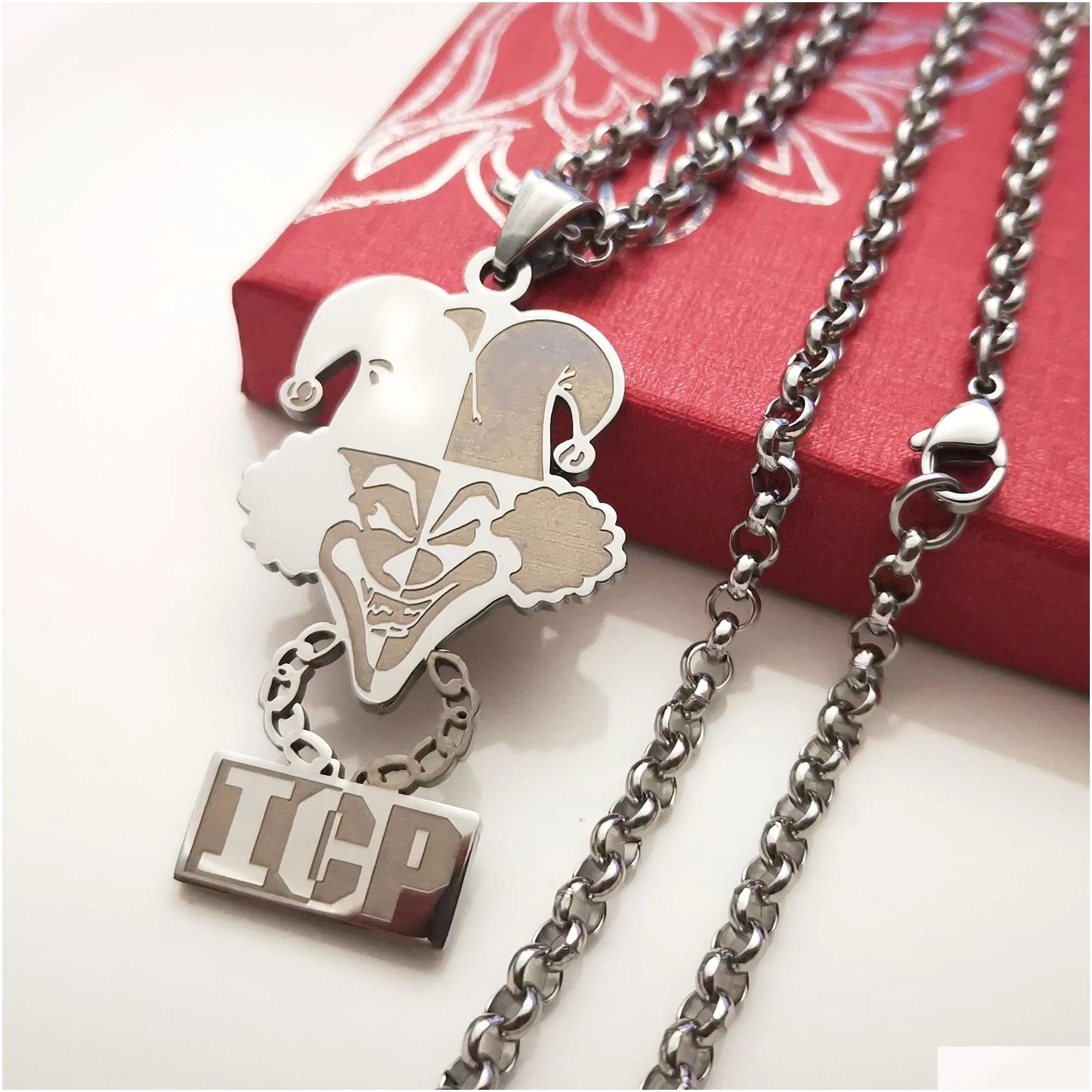 High Polished Silver Stainless Steel ICP CLOWN TWIZTID PENDANT CHARM NECKLACE 4mm 24INCH Rolo CHAIN Jugallo for Mens238Z