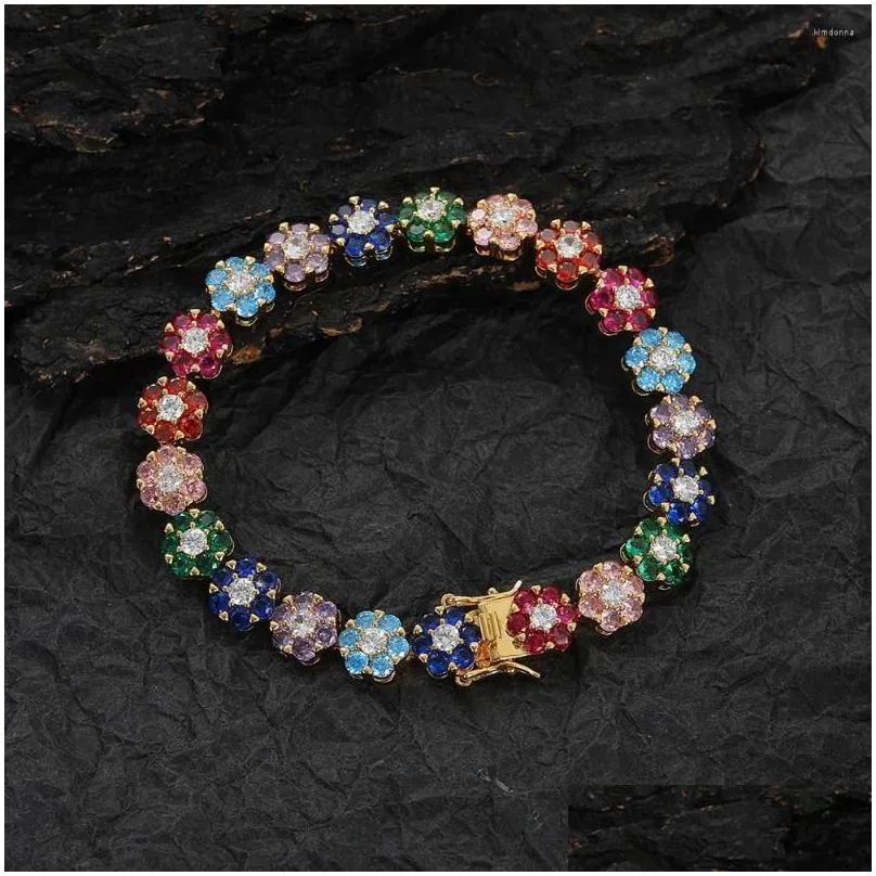 Charm Bracelets Eyika Bohemia Rainbow Cz Flower Bracelet Gold Sier Color Iced Out Zircon Floral Tennis Chain Women Men Hiphop Drop De Dhfx6