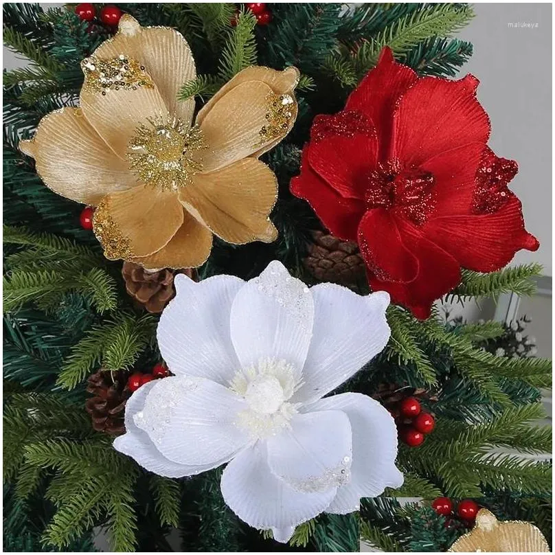 Decorative Flowers Ya 3pcs Christmas Decoration Glitter Poinsettia Large Heads Artificial Magnolia Ornaments Xmas Tree Decor For Room