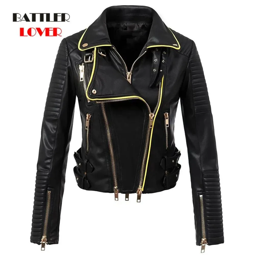 2020 New Fashion Women Motorcycle Genuine Leather Jackets Ladies Long Sleeve Autumn Winter Biker Zippers Streetwear Black Coat