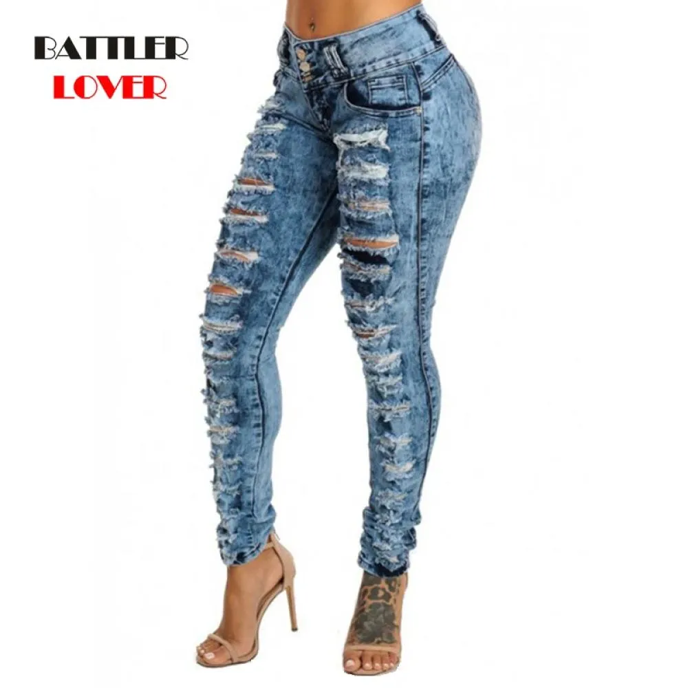 Women Sexy Ripped Hole Denim Jeans Femme Mid Waist Skinny Slim Pencil Pants Plus Size