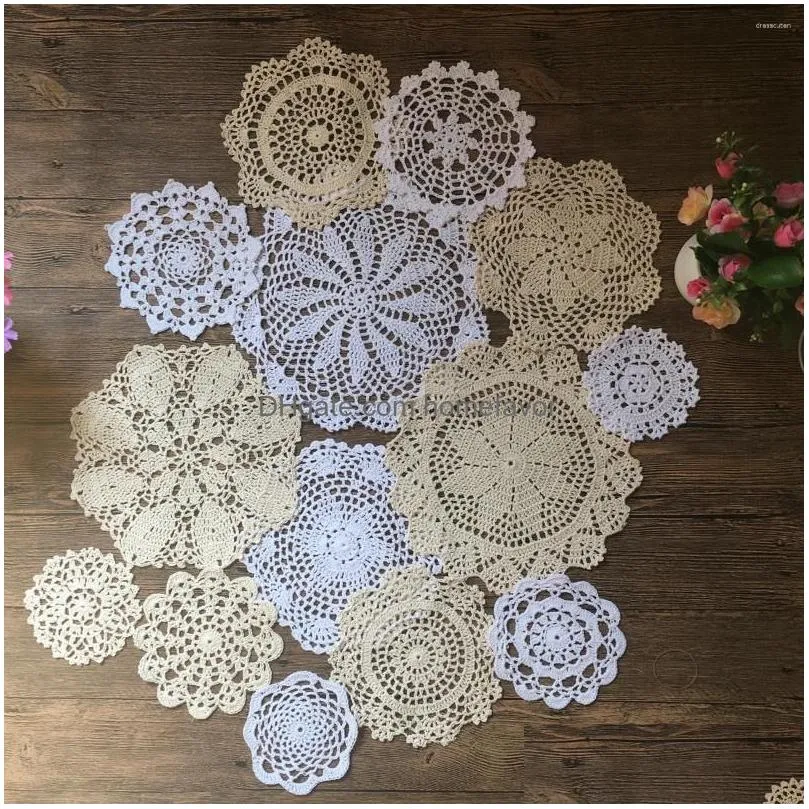 table mats mindplus 14pcs cotton handmade cloghet doilies cup mat pad 14 vintage motifs 4-10inches round white beige