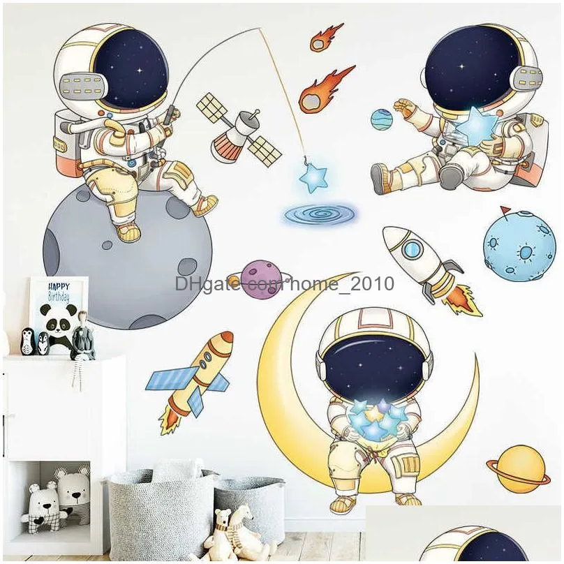 cartoon astronaut space planets wall stickers for baby nursery room decoration wall decals for kids room living room decor pvc 210929