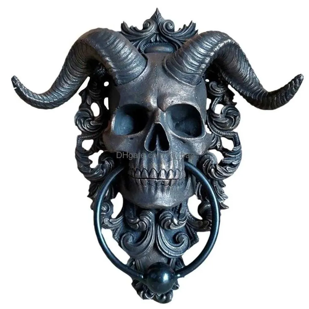 Decorative Objects & Figurines Skeleton Head Door Knocker Decor Resin Goat-Headed Figure Hanger 3D Punk Satan Skl Sheep Statue Wall Pe Dhy80