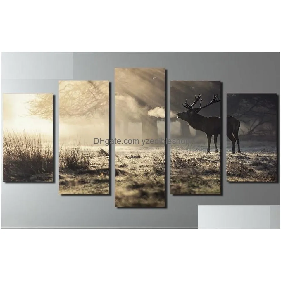 5 pieces canvas painting for living room home decor winter deer posters hd prints wall art picture9576957