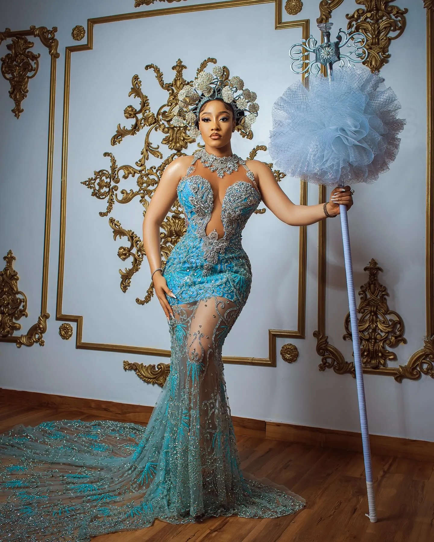 2024 Aso Ebi Ice Blue Mermaid Prom Dress Beaded Crystals See Through Evening Formal Party Second Reception Birthday Engagement Gowns Dresses Robe De Soiree ZJ393