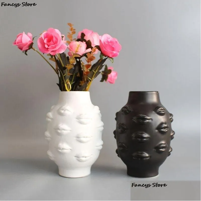 nordic ins style creative personality face vase modern minimalist lips ceramic floral home bar bookstore decoration ornaments 210409