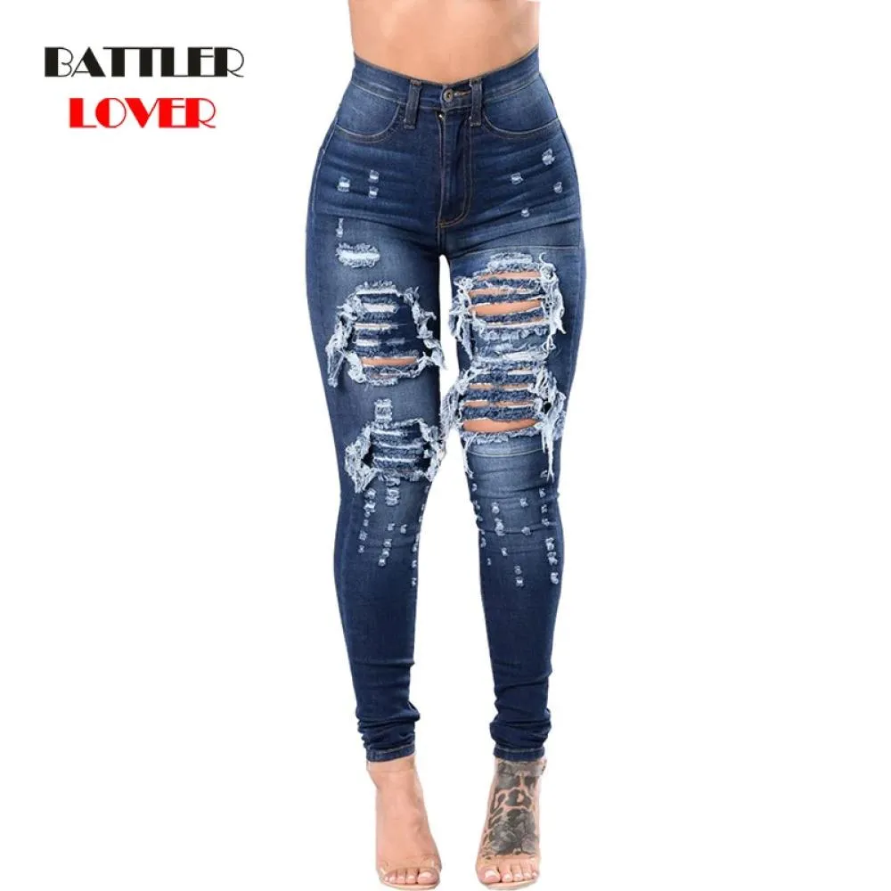 New Spring Autumn Women Blue High Waist Ladies Sexy Casual Ultra Stretchy Ripped Jeans Fashion Denim Trousers Pencil Skinny Jean