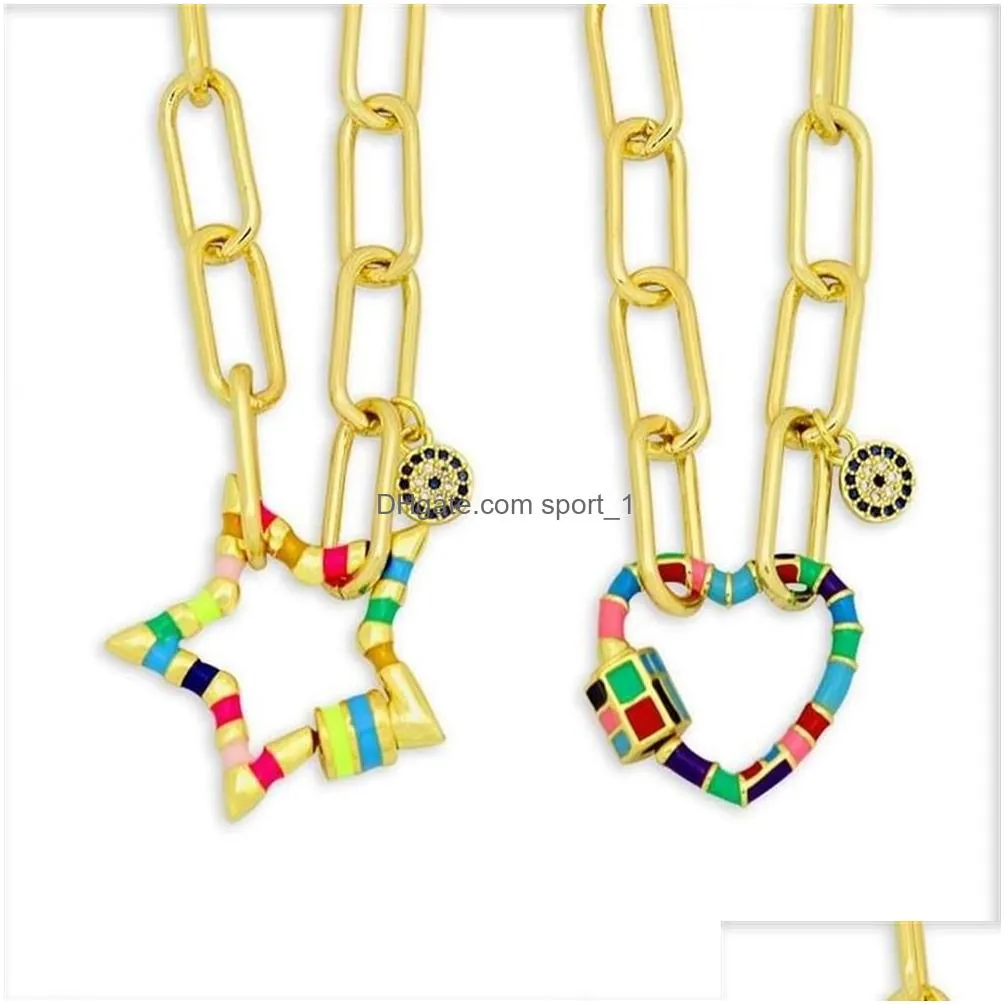pave screw clasp necklaces for women boho jewerly star heart carabiner pendant necklace geometric link chain collar arcoiris301s