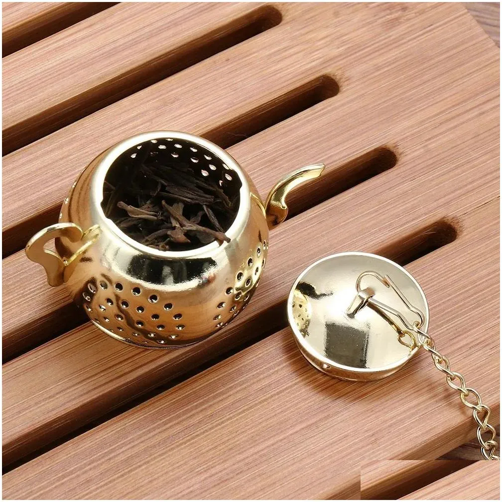 metal tea strainer teapot shape loose tea infuser stainless steel leaf tea maker strainer chain drip tray herbal spice filter fy3945