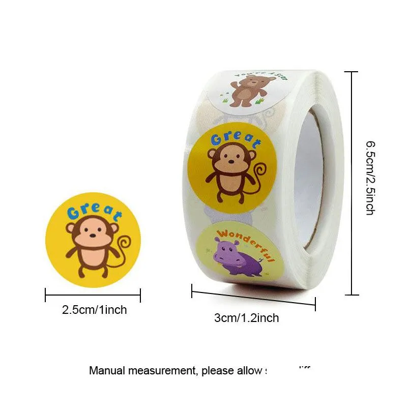 wholesale 500pcs/roll round animal stickers adorable incentive stickers cute labels gifts kids teacher reward motivational decorations
