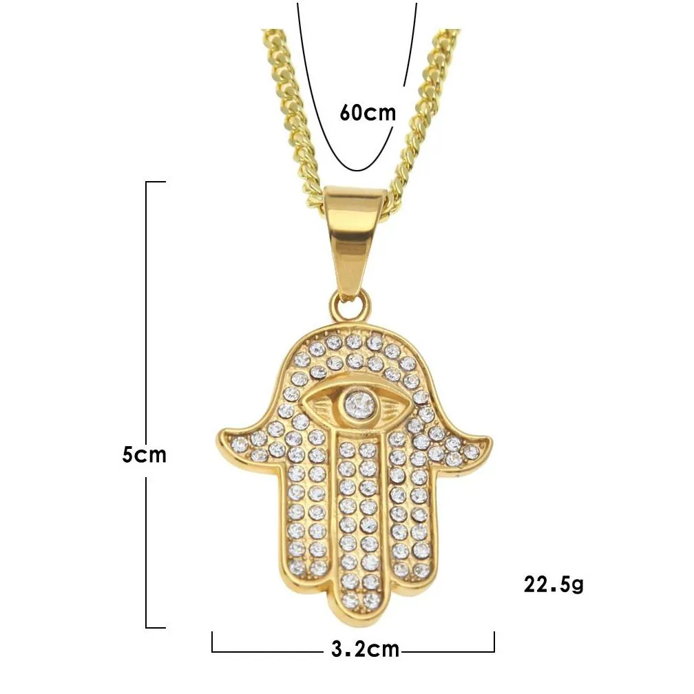 Stainless Steel Gold Color Hamsa Hand Pendant Iced Out Rhinestone Hand of Fatima Jewelry With 3mm 24inch Cuban chain212Z