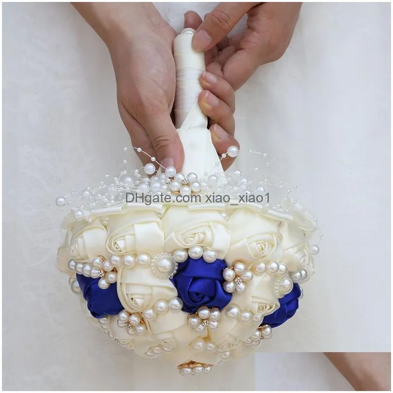 handmade ivory royalblue bridal beaded diamond wedding bouquets artificial bridesmaid holding flowers wedding accessories w234b4786329