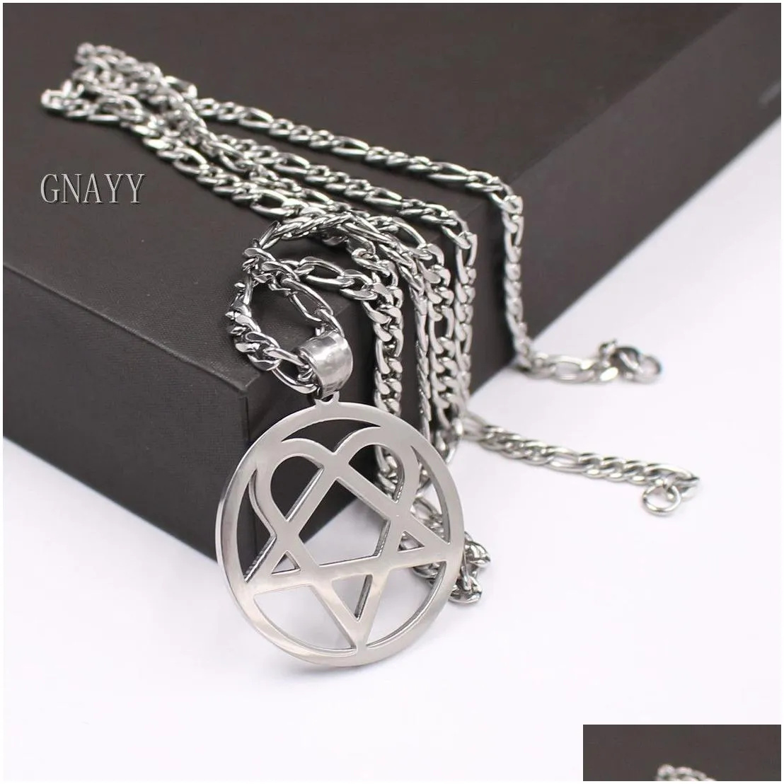 Punk jewelry Him Necklace Stainless Steel Heartagram Pendant Merch Logo Symbol Silver 4mm 24 curb Chain252o