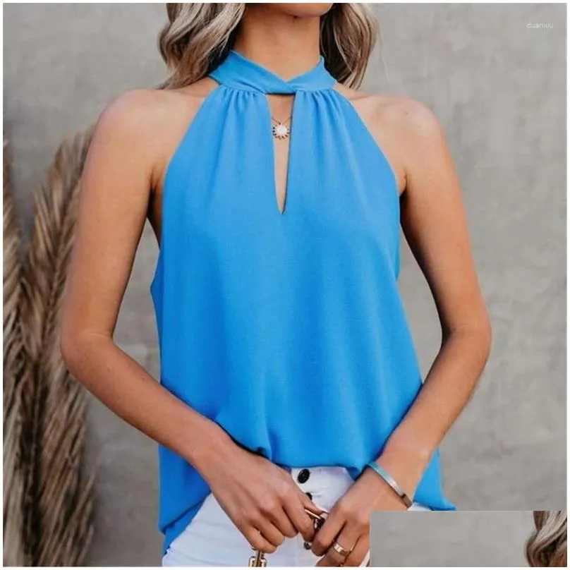 Women`s Tanks Womens Summer Sleeveless Self Tie Neck Halter Top Solid Color Hollow Out Keyhole Casual Loose Blouses Vest