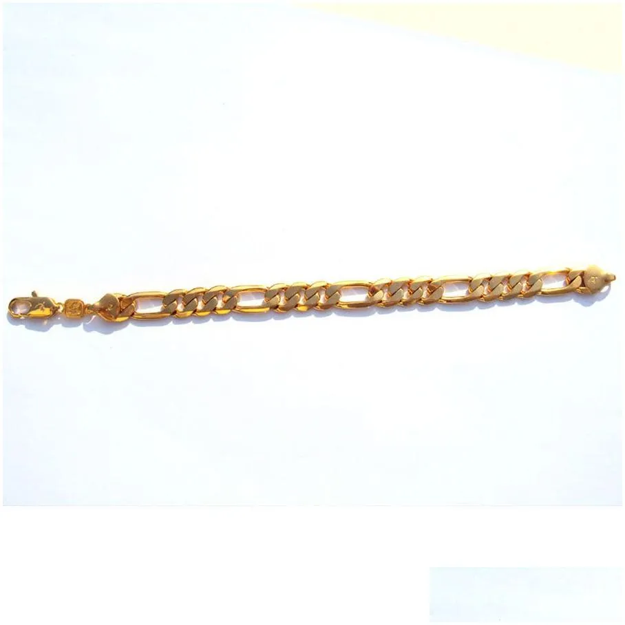 Men`s Deluxe 22 K 23 K 24 K THAI BAHT YELLOW Solid GOLD AUTHENTIC FINISH BRACELET Figaro 10MM Jewelry N 03212D