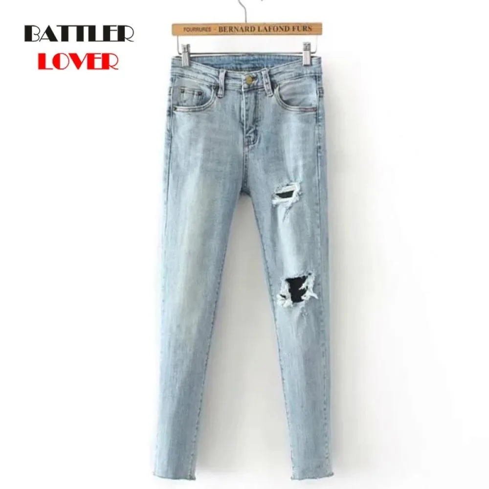 Streetwear Denim Blue High Waist Jeans Woman Vintage Ripped Holes Jeans for Women Pockets Skinny Pants Female 2020