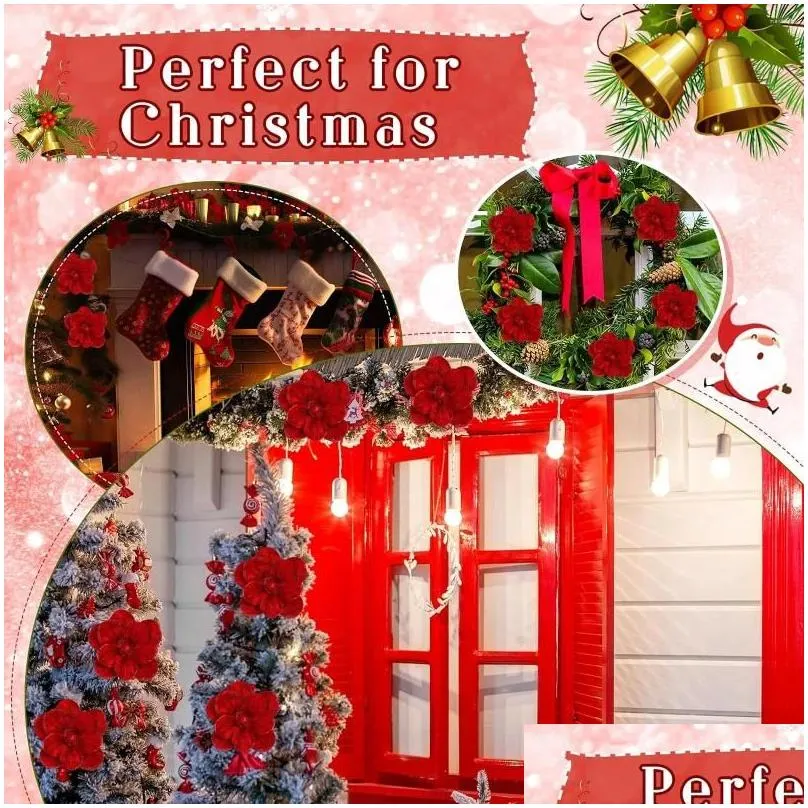 Decorative Flowers Ya 3pcs Christmas Decoration Glitter Poinsettia Large Heads Artificial Magnolia Ornaments Xmas Tree Decor For Room