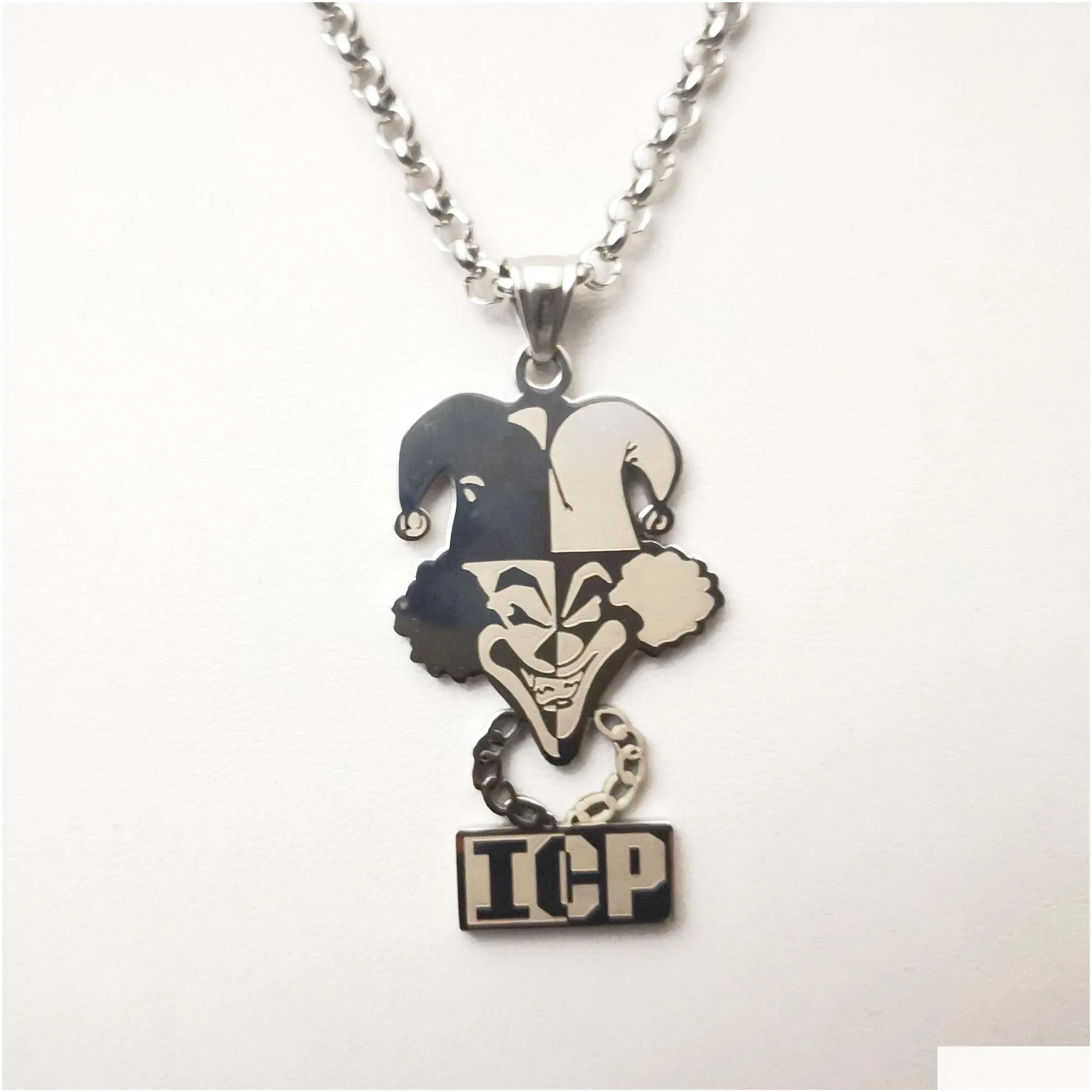 High Polished Silver Stainless Steel ICP CLOWN TWIZTID PENDANT CHARM NECKLACE 4mm 24INCH Rolo CHAIN Jugallo for Mens238Z