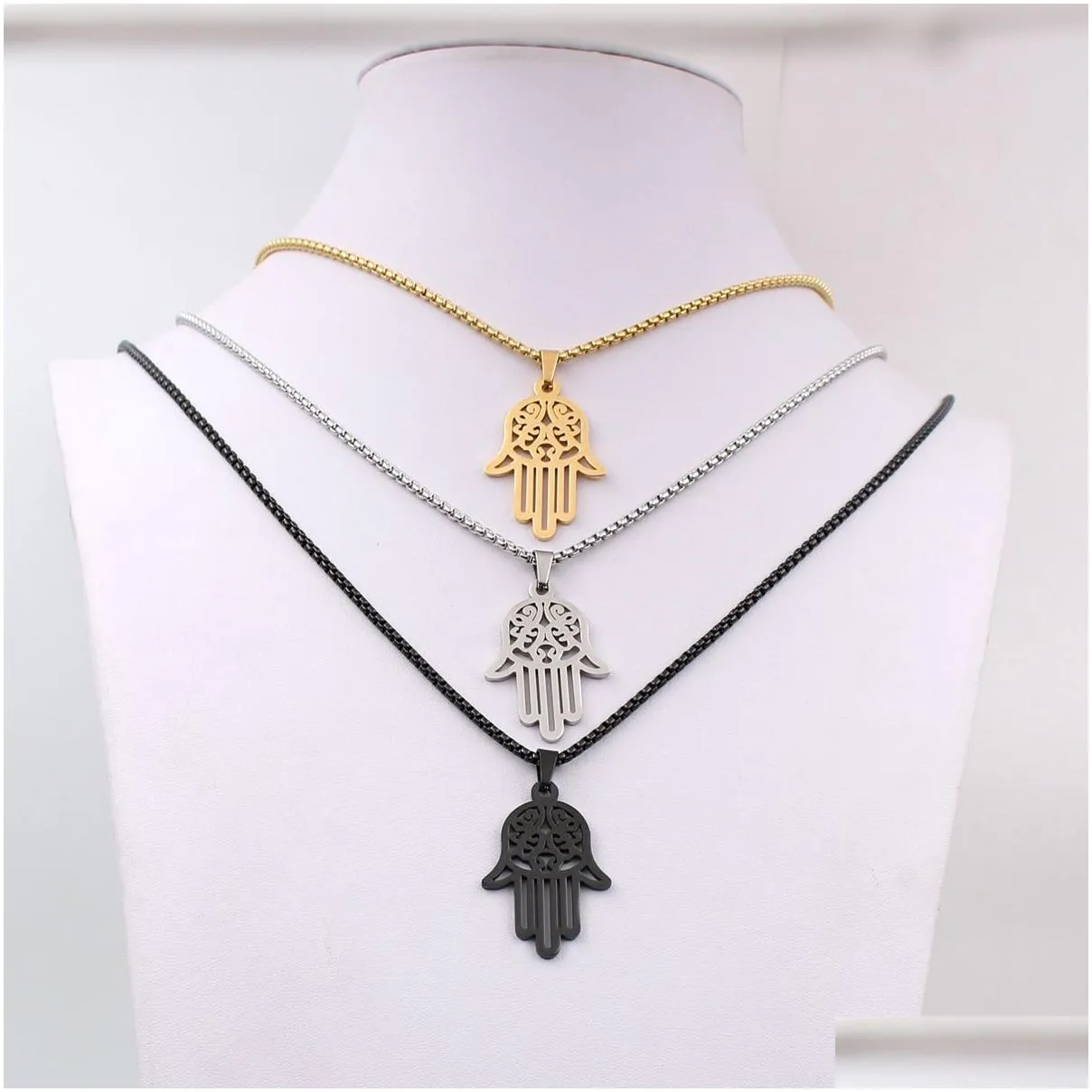 Silver gold black choose Men`s ICP 316L Stainless Steel Black Hand of Fatima Hamsa Pendant with Matching 3mm 24inches Box Rol264g