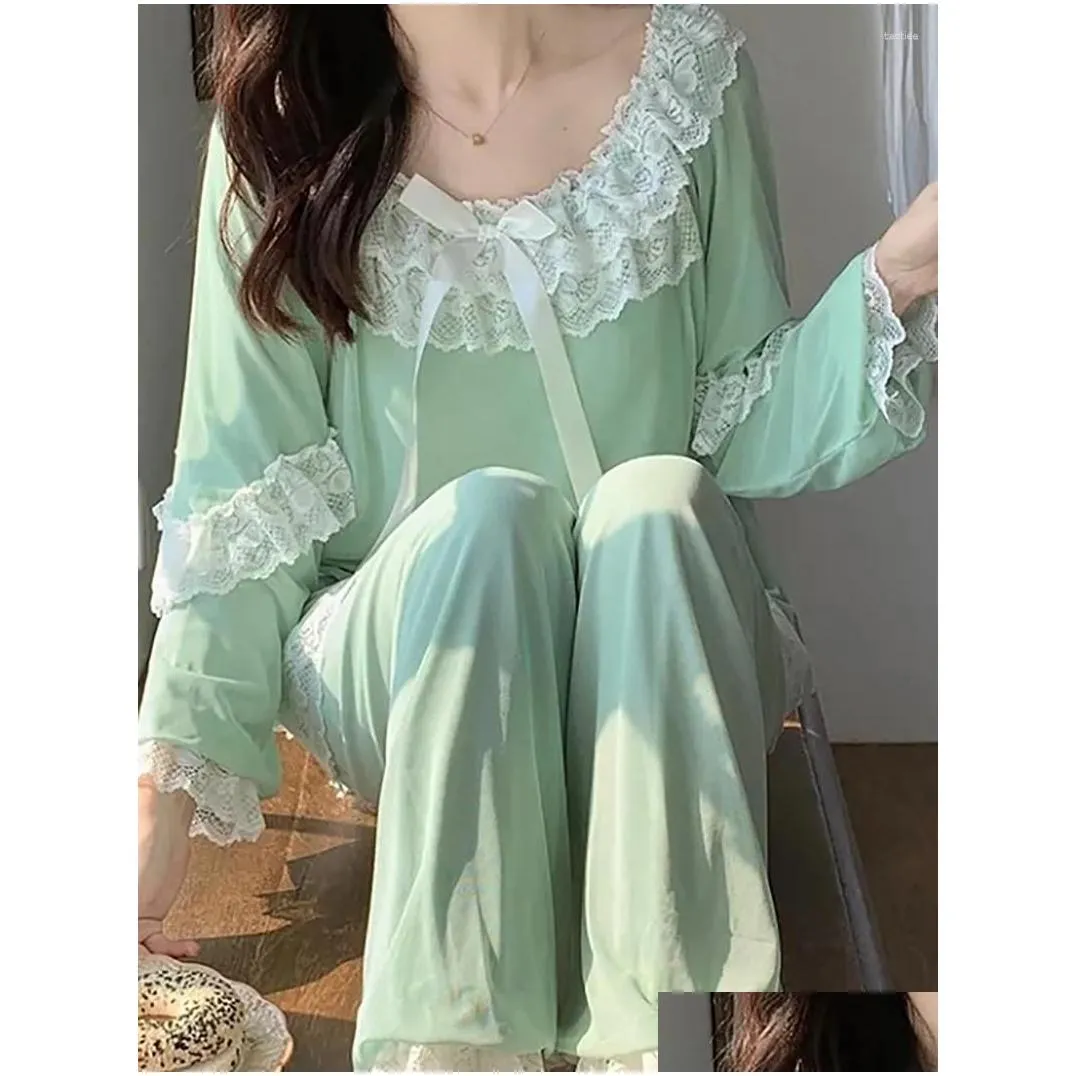 Women`s Sleepwear Women Fairy Ruffles Pajamas Loungewear Two Piece Pantsuits Lolita Vintage Princess Modal Lace Victorian Nightgowns