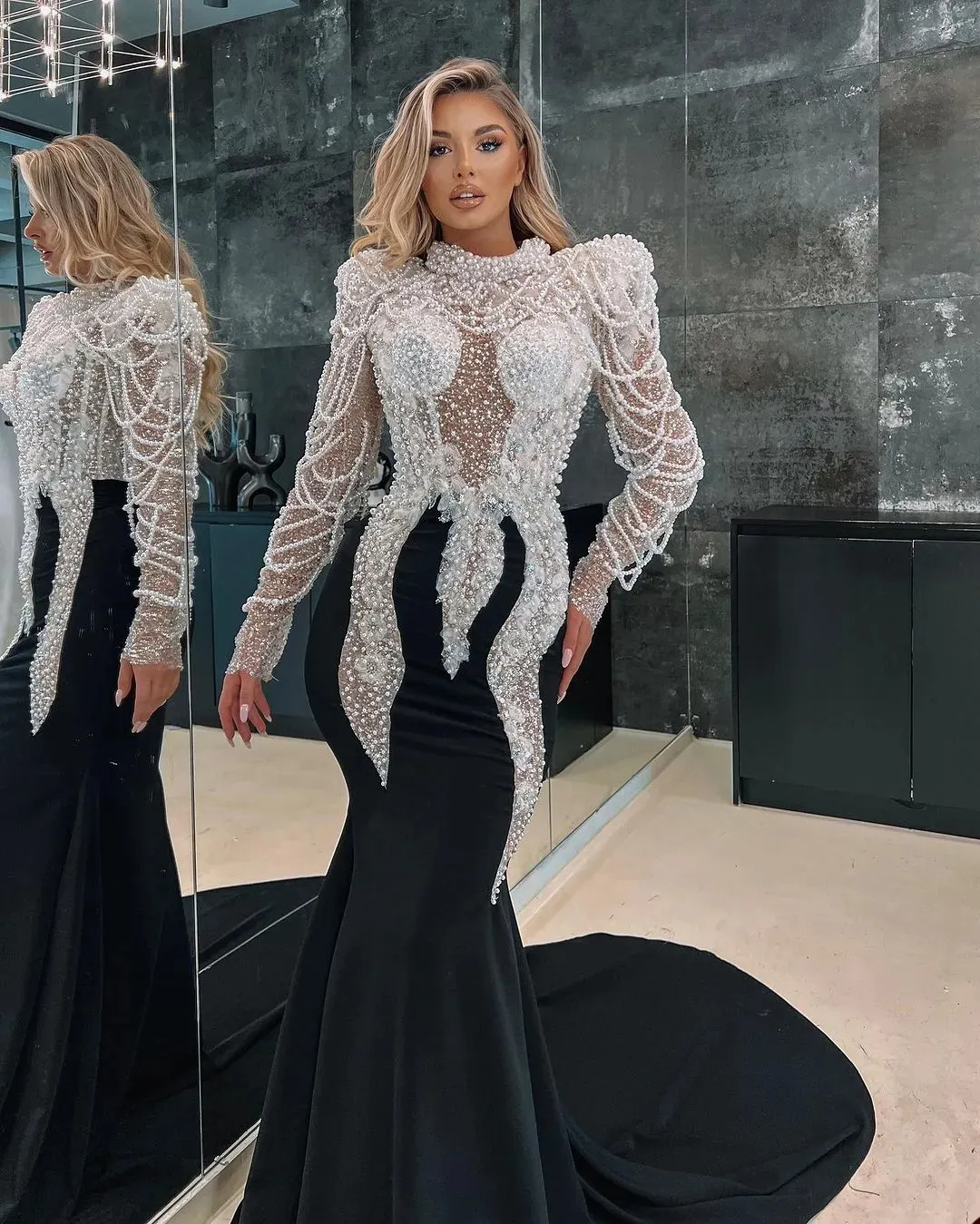 Heavy Pearls Black Satin Mermaid Prom Dresses 2024 For Black Girls Luxury High Neck Long Sleeves Plus Size Formal Evening Occasion Gowns