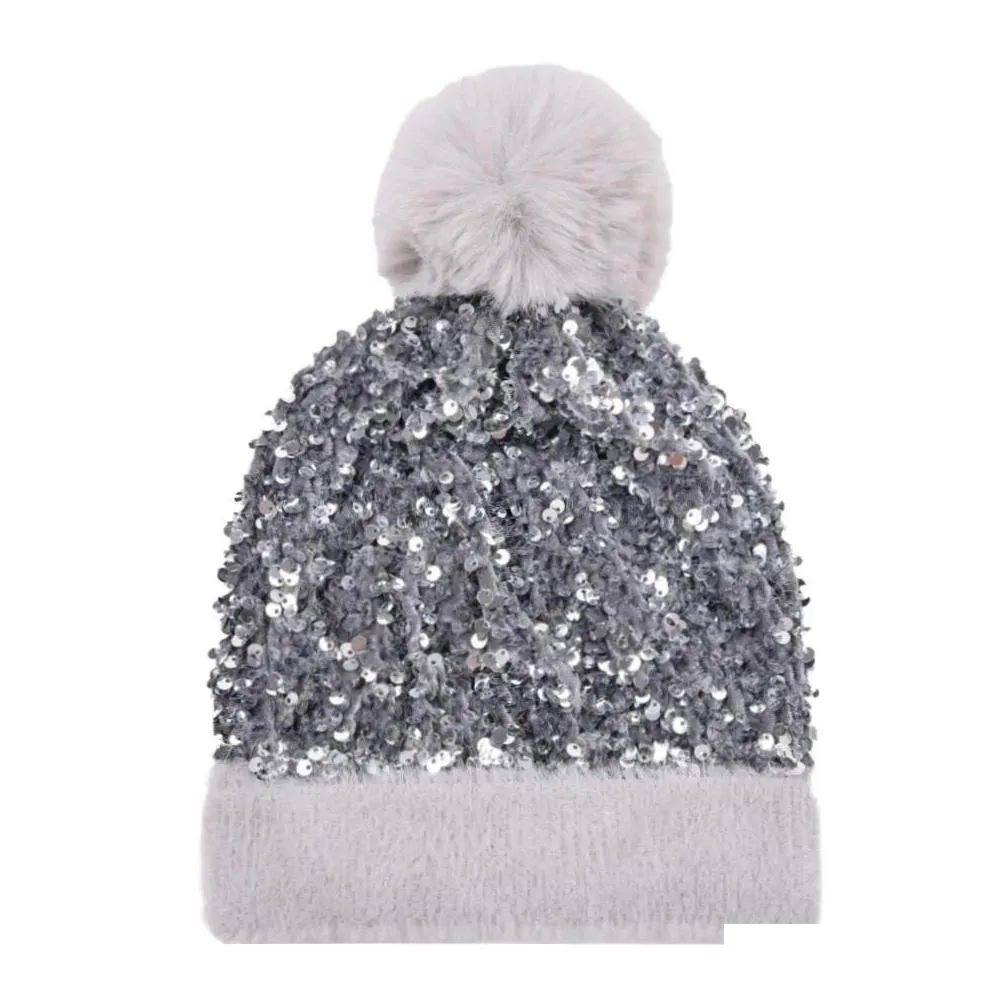 winter plus velvet sequins knitted hats for women beanie hat unisex elastic warm hip hop cap soft baggy bonnet 920